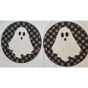 2x Tahari Halloween Ghost Checkered  Beaded Placemat Centerpiece Charger 14”